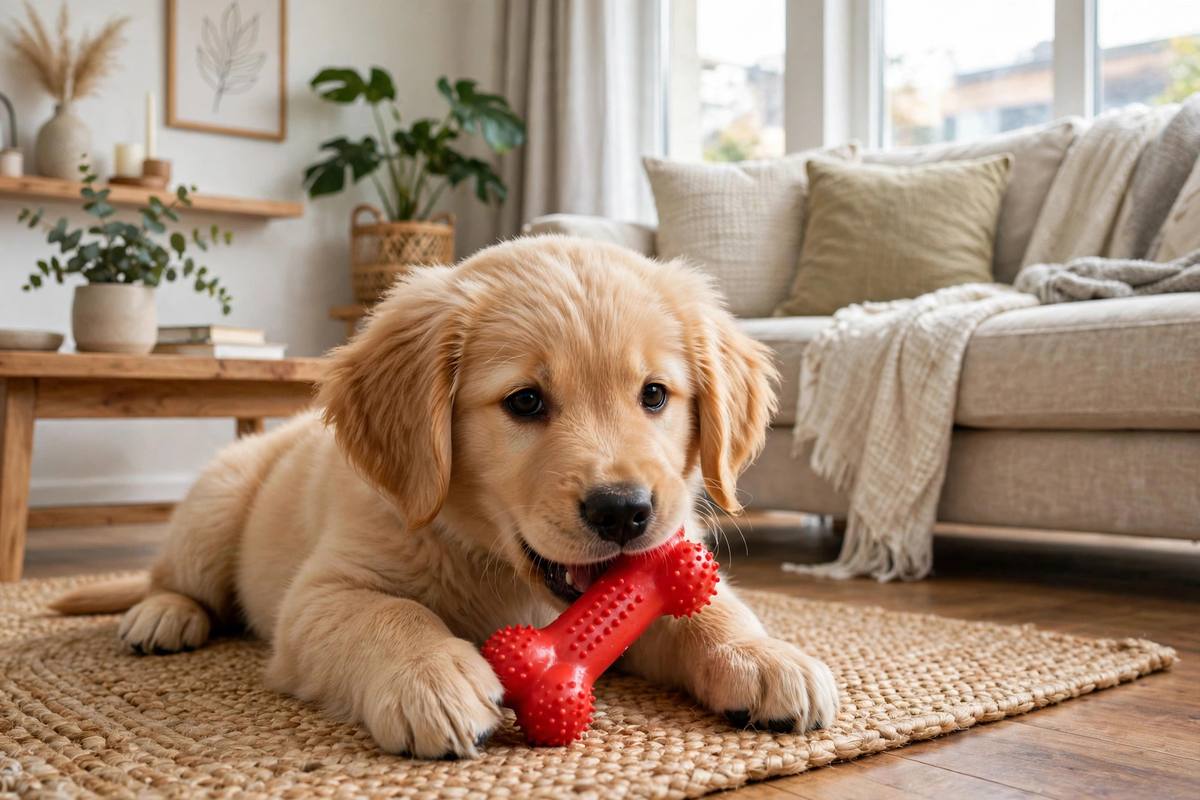 Puppy chewing a toy